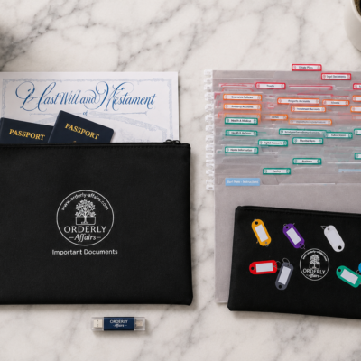 The Orderly Essentials Kit - Orderly Affairs document pouches with will, passports, keys, and USB drive