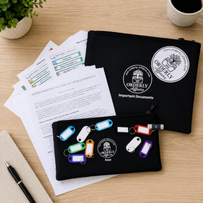 The Self Starter Kit - Orderly Affairs document pouches with instructions, key tags, and USB drive
